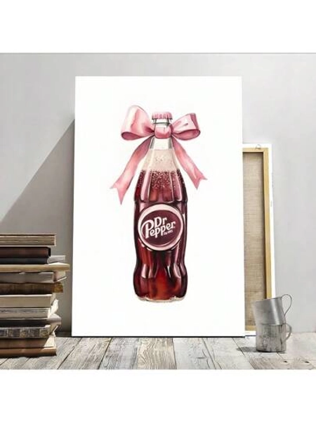 1pc Vintage Pepper Bottle Digital Art Print With Pink Bow Retro Framed Wall Art - Canvas Prints Poster, Ready To Hang - Home Decor, Ideal For Home, Office Wall Decor, Family Gift, Living Room Bedroom Wall Decor
