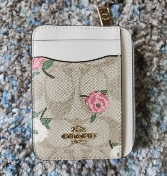 Coach Zip Card Case In Signature Canvas With Floral Print Light Khaki