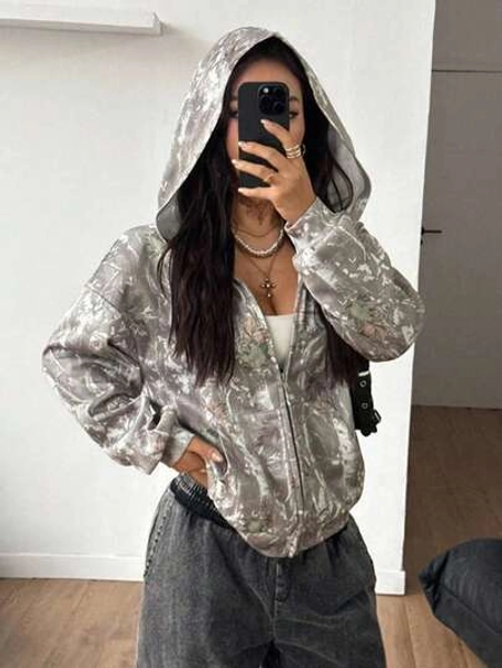 Women's Casual Zip-Up Sweatshirt, Digital Camo Print, Loose Fit, Long Sleeve, Comfortable & Versatile, Suitable For Outdoor/Street Wear, Autumn/Winter
