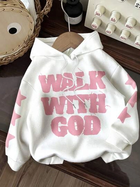 Slaydiva Casual Minimalist Pink Letter Print Hoodie, Loose Fit Thick Sweatshirt For Women, Suitable For Autumn/Winter, "Walk With God" Print Graphic