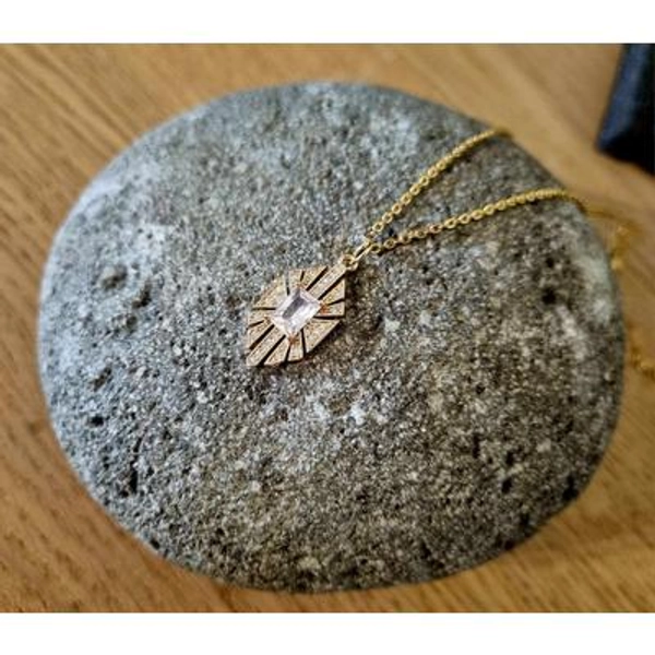 Art Deco Gold Necklace: Rectangle Cubic Zirconia Pendant