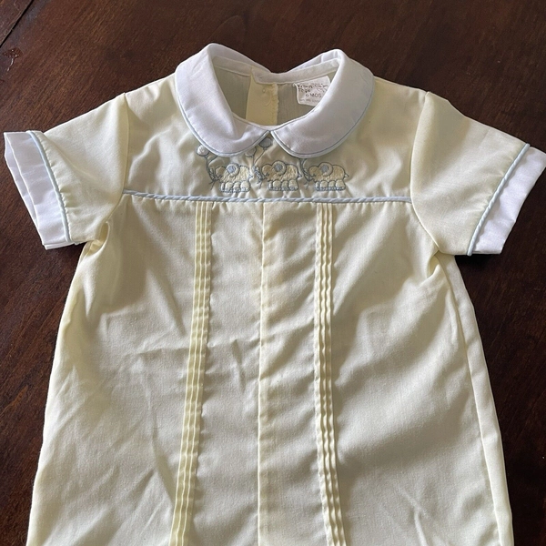 VTG 80s Fawn Togs Romper Outfit Elephants Embroidery 6 Months Unisex Yellow USA