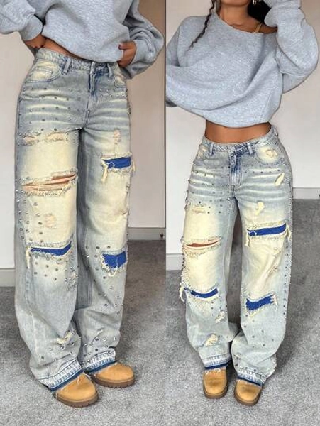 StreetHx Fashionable Casual Street Y2K Retro Vintage Distressed Straight Leg Jeans