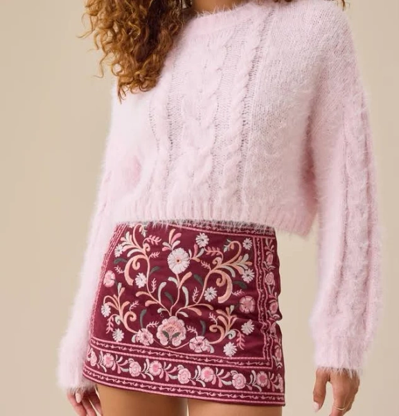 Altar'd State Genevieve Embroidered Suede Mini Skirt