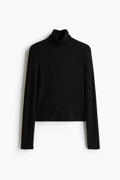 Ribbed polo-neck top - Black