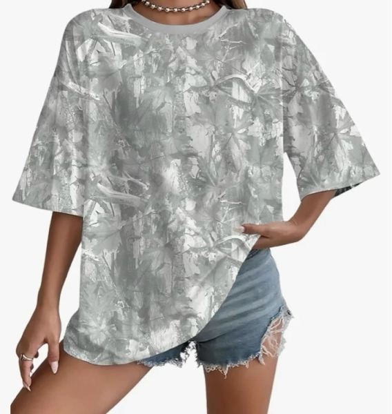 UOUA Women Camo Shirt Oversized Graphic T-Shirt Casual Tees Grey Leaves Printed Summer Tops Grey M at Amazon Women’s Clothing store