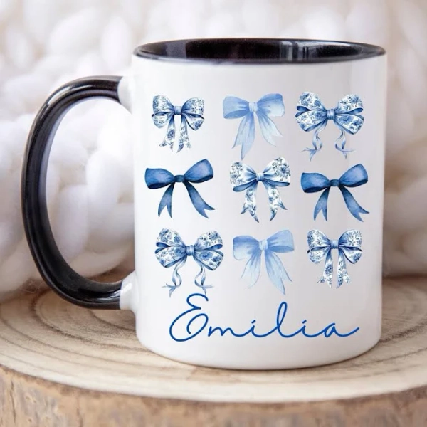 Custom Blue Toile Bow Mug, Coquette Blue Bow Mug, Personalized Name Mug, Bridal Party Mug, Name Mug for Her, Best Friend Mug, Daughter Mug