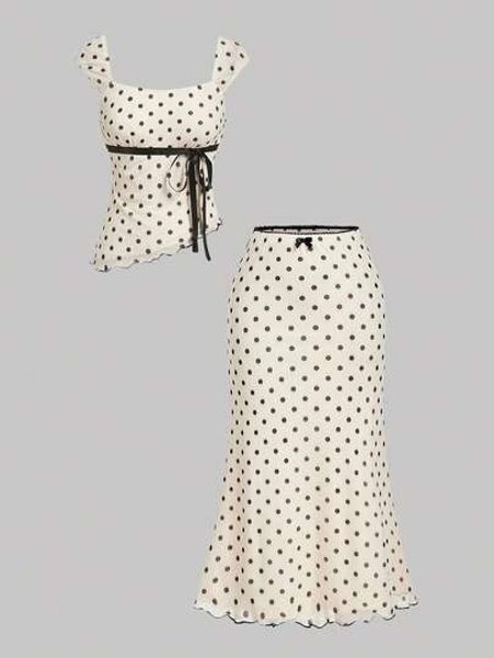 SHEIN MOD Women's Polka Dot 2pcs Set: Asymmetric Hem Top & Low Waist Fish Tail Skirt With Bow Decor,Retro,Vintage,Two Pieces Summer Set,Wedding Guest,Vacation,Birthday Outfits For Women,Country Concert Outfit,Concert Outfit Women,Boho,Vacation Two Pieces Set,Hawaii Outfits Women,Brunch Outfits For Women