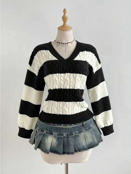 Elamini Women's Casual V-Neck Striped Lantern Sleeve Knit Sweater, Multi-Color, Versatile For Autumn/Winter