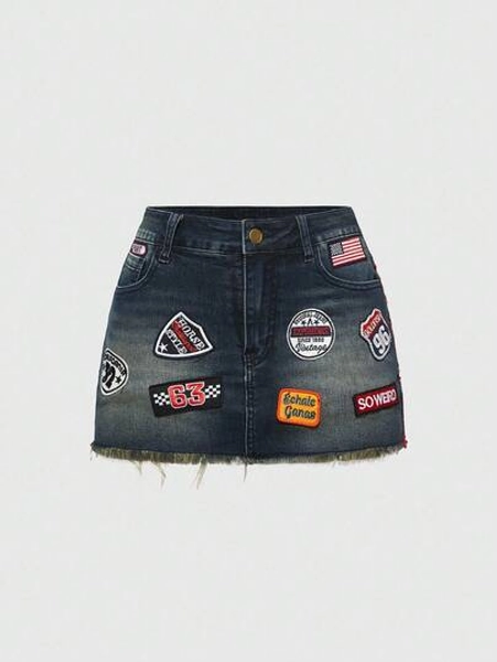 ROMWE Avant Vintage Distressed Retro Logo Denim Mini Skirt For Women
