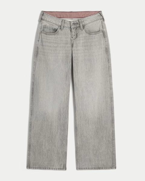 Ultra Low-Rise Grey Foldover Waist Baggy Jeans