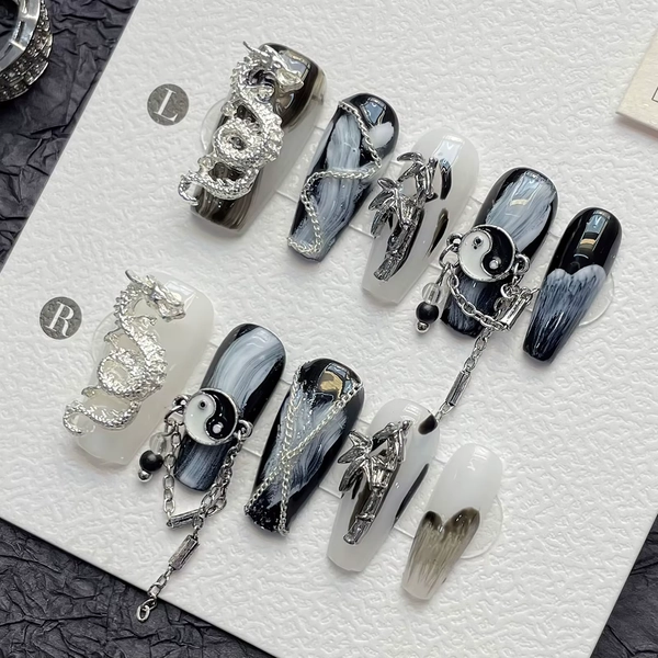 Handmade Press on Nails with Rhinestone Loong Bamboo Design False Nails for Women Wearable Chinese Ballet Head Fake Nail Tips - AliExpress 