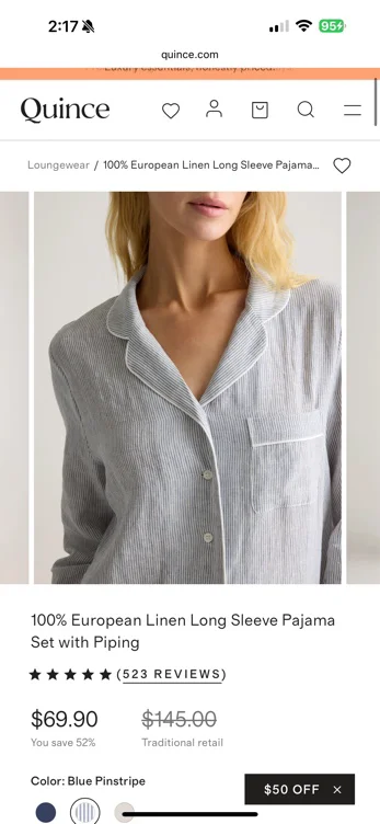 Quince | Women's 100% European Linen Long Sleeve Pajama Set with Piping in Deep Navy, Size Medium