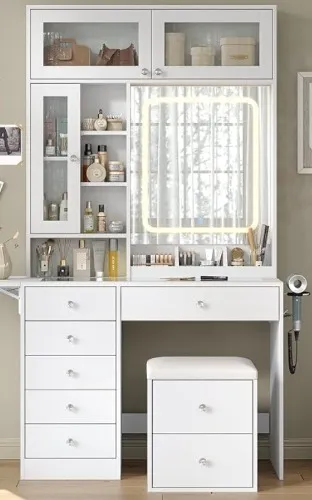 Amazon.com: Yanosaku 72'' Tall Vanity Desk with LED Mirror, 6 Drawers Makeup Vanity with Charging Station, 2 Transparent Cabinets & 3 Shelves, Glass Top Vanity Set with Storage Stool for Bedroom, White : Home & Kitchen