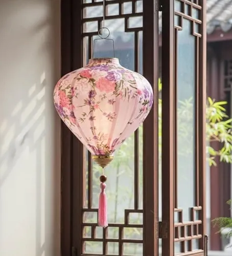 LUOZZY Chinese Style Hanging Lantern Vietnamese Silk Lanterns Chinese Japanese Floral Pattern Hanging Lanterns Silk Cloth Oval Lanterns Garden Yard Decoration, Pink