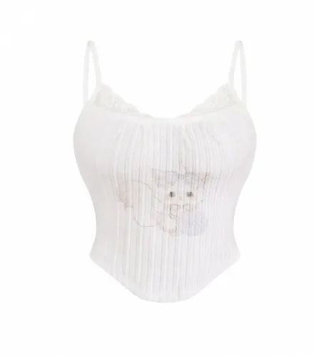 [$32.00]Daily Kawaii White Kitty Print Knit Cami Top