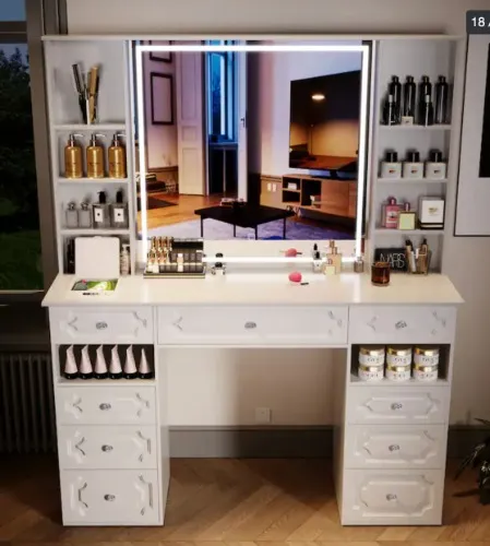 White/ Black Makeup Vanity with Lighted Mirror,Extra Large Vanity Desk with 9 Drawers,European Style Vanities - White-Audio Player+Wireless Charger