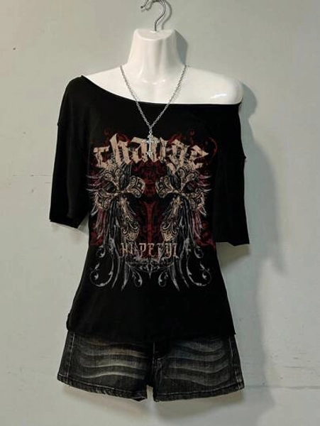 Attitoon Women's Casual Relaxed Fit T-Shirt, Suitable For Summer Casual, Punk, Vintage, Cross, Wing Print, Y2K Style Off The Shoulder Top Back To School