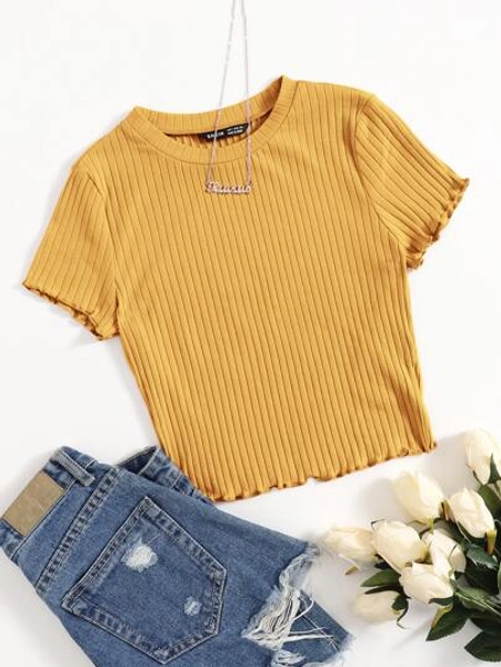 SHEIN EZwear Solid Lettuce Trim Rib-knit Tee
