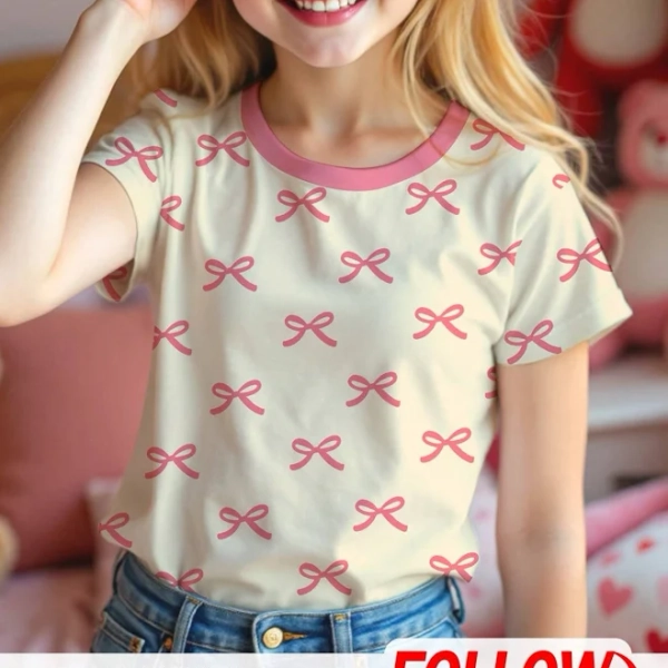 SHEIN Tween Girls Loose Fit Short Sleeve Bow Print T-Shirt