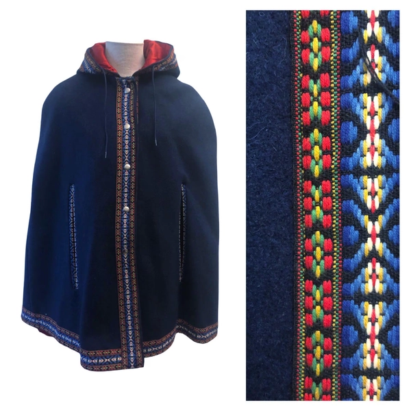 Vintage 60s 70s Navy Wool Poncho Coat with Nordic Detail / Hippie Boho Cape Coat