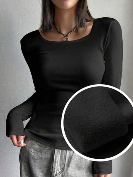 DAZY Women's Solid Color Long Sleeve Fitted Casual T-Shirt With Thermal Lining, Autumn/Winter Fleece Lined