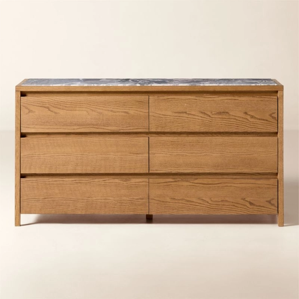 Welton 64" Oak 6-Drawer Dresser with Grey Marble Top