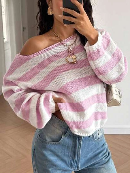 Women's Cute Casual Long Sleeve Off-Shoulder Sweater Striped Pink Knitted Sweater Top Pullover Homecoming Fall Winter Going Out Outfits Clothes Suitable For Daily Wear