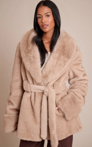Tall Beige Plush Faux Fur Self Tie Coat