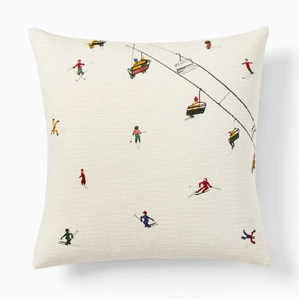 Embroidered Skier Pillow Cover