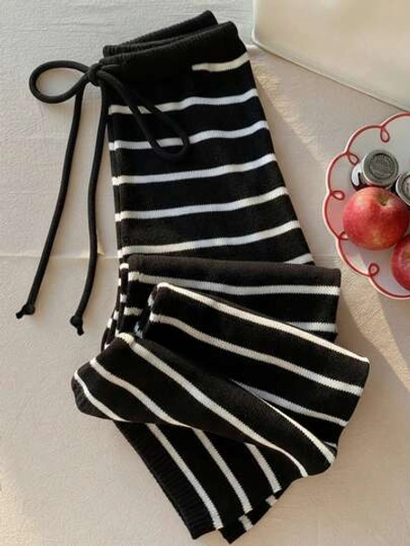 Comfortcana Women's Casual Black & White Striped Drawstring Waist Knit Pants, Autumn,Fall,Fall Clothes For Women - Size S