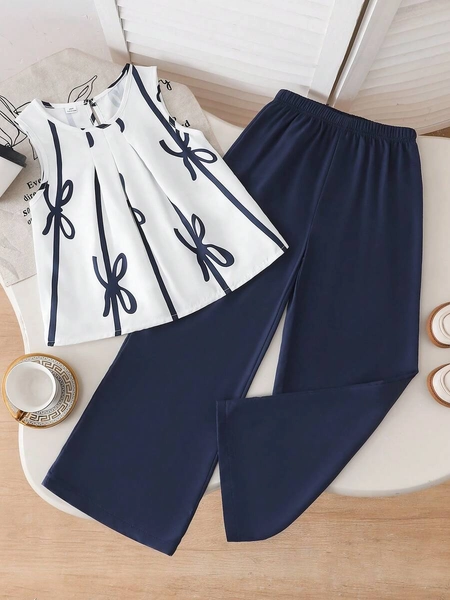 Tween Girls 2pcs/Set Stylish Blue Striped Bow Sleeveless Top And Loose Straight Leg Pants Set, Casual Outfit For Spring/Summer Summer Clothes Sets