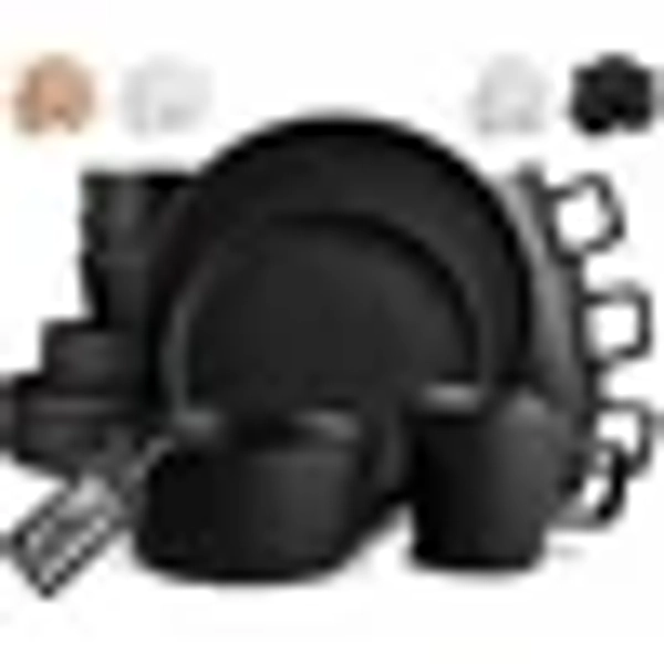 Kitchen Terra Plates and Bowls Sets, 16 Piece Modern Stoneware Dish Set for 4, Chip and Scratch Resistant Ceramic Dinnerware Set, Microwave and Dishwasher Safe, Matte Black