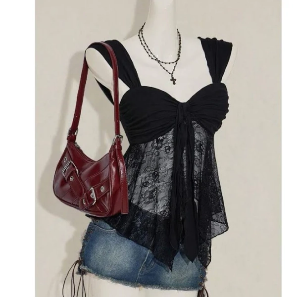SHEIN Women's Asymmetrical Lace Trim Tank Top