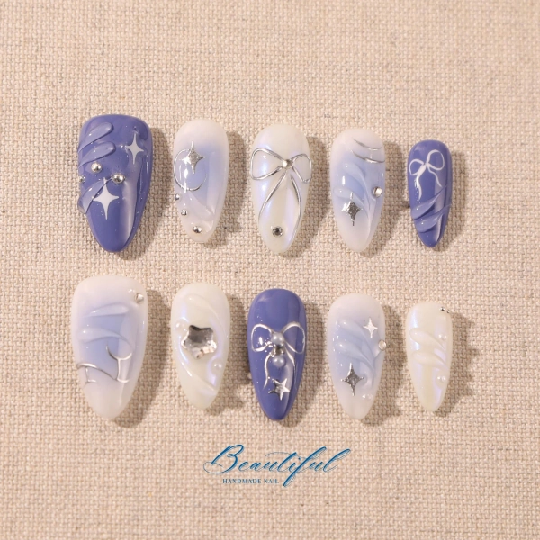 Hand Painted Press On Nails: Blue Blush Bow Nail Art Set