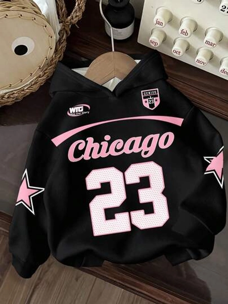 Teen Girls Casual Street Style Y2K Oversized Long Sleeve Sweatshirt With Numeric, Letter, Star Graphic Print, Comfortable Loose Fit Crew Neck, Suitable For Autumn/Winter Teen Girl Tops Chicago Jerseys For Girls Teen Girls Jersey Hoodie Chicago 23 Hoodie Y2k Girls
