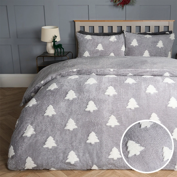 OHS Winter Tree Tufted Teddy Fleece Duvet Cover Set - Grey/White