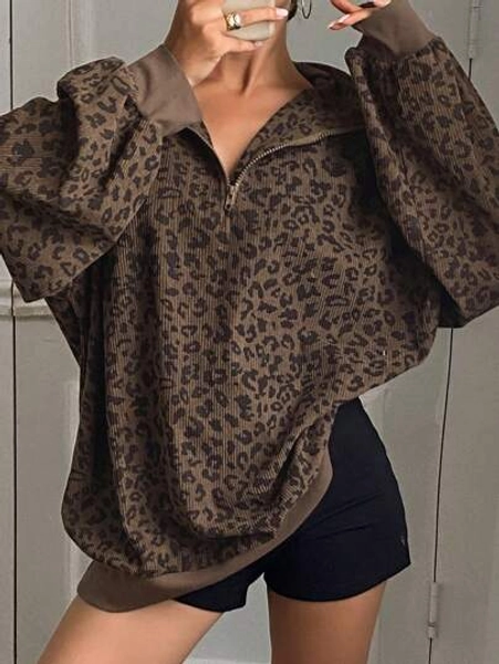 Livesso Women Casual Zip Up Front Long Sleeve Leopard Print Sweatshirt,Fall Clothes