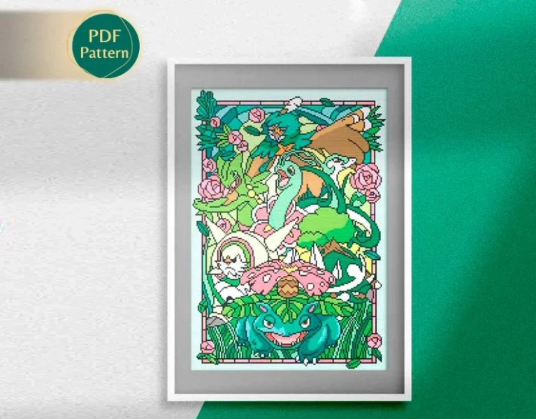 Grass type Cross Stitch Pattern, Venusaur, Sceptile, Serperior, Meganium, Torterra, Decidueye, Chesnaught, Stained glass cross stitch, PDF