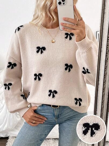 Calvaya 2024 New Autumn/Winter Fashionable Blogoger Same Style Cute Bowknot Decorative Casual Pullover Sweater, Youthful Design Knit Pullover Fall Outfit