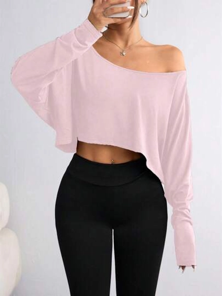 Flirla Women Casual Minimalist Solid Color Batwing Sleeve T-Shirt For Autumn Fall Cloth For Women