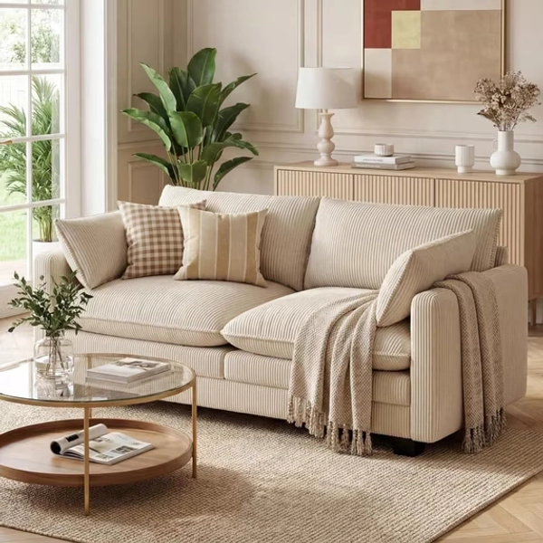 75'' Cloud Loveseat with Washable Cover for Small Space, Noelse Soft Corduroy Couch with 2 Pillows, 2 Seater Modular Sectional Sofa with Deep Comfy Seat Cushion for Living Room Bedroom, Beige
