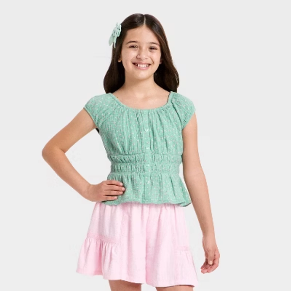 Girls' Short Sleeve Smocked Waist Floral Top - Cat & Jack™ Sage Green S