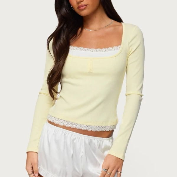 Joana Layered Lacey Henley Top