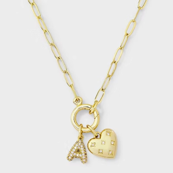 14K Gold Dipped Cubic Zirconia Puffy Heart Charm Initial Necklace - A New Day™ Gold