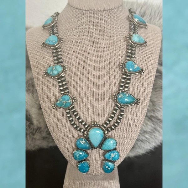 Blue Ridge Turquoise Naja Squash Blossom Southwestern Sterling Silver Necklace 