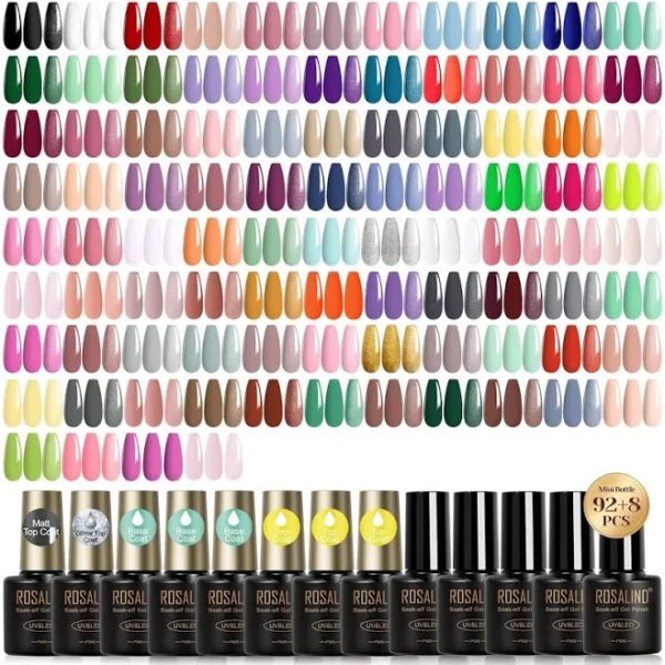 100PCS Gel Nail Polish Set, 92 PCS Colors Gel Polish Set with 8 Bottles of Base and Glossy Matte Top Coat Starter Nail Set Suitable for All Seasons