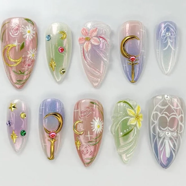 Celestial Pastel Floral Charm Press On Nails