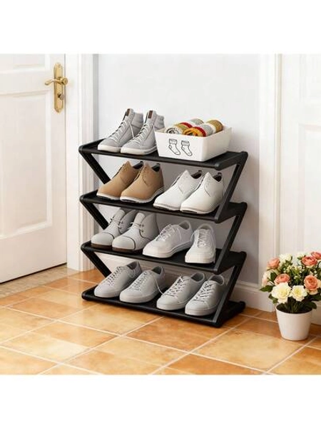Four-Layer Large Z-Shaped Shoe Rack, Easy To Assemble Without Tools, Pink Plastic Stackable Storage Organizer, Suitable For Home, Dormitory And Living Room, Space-Saving Floor Design, Shoe Storage Organizer