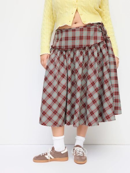 Jupe mi-longue tartan avec finition en laitue et nœud, taille Curve & Plus